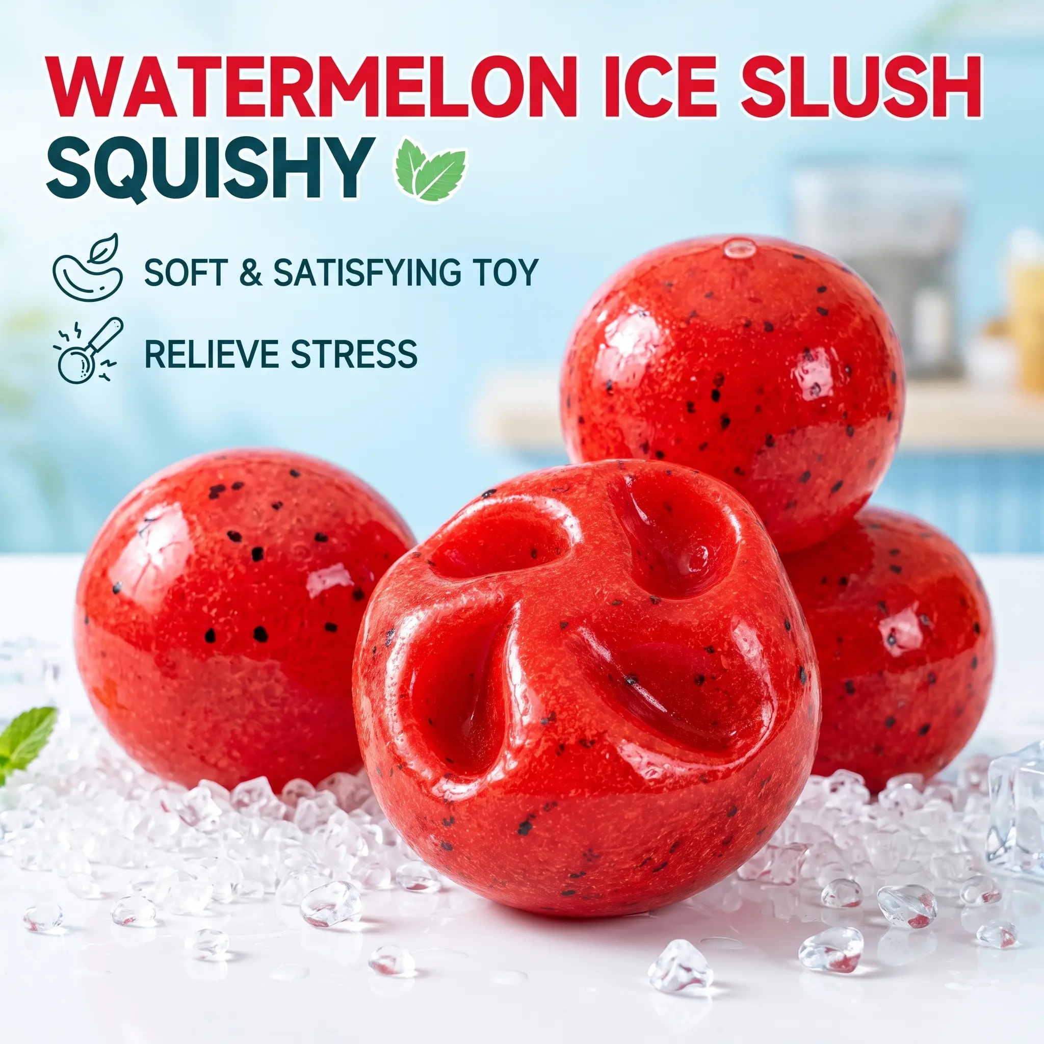 Transparent shiny simulated watermelon smoothie squishy with tiny seed details, malleable stress relief fingertip toy with crispy ASMR sounds