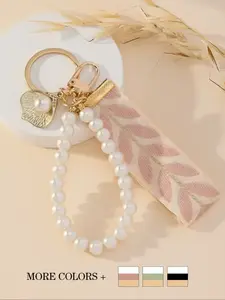 Faux Pearl Decorated Leaf Design Keychain, Pendant Keychain, Keychain for Women & Girls, Fashion Bag Charms Accessories for Daily Use, Trendy All-match & Exquisite Beads Keychain for Birthday Gift, Keychain for Bags