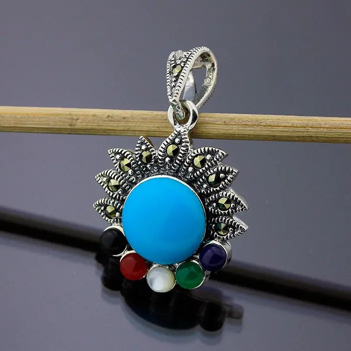 Vintage Multi-Gems Marcasite Sterling Silver Necklace Pendant
