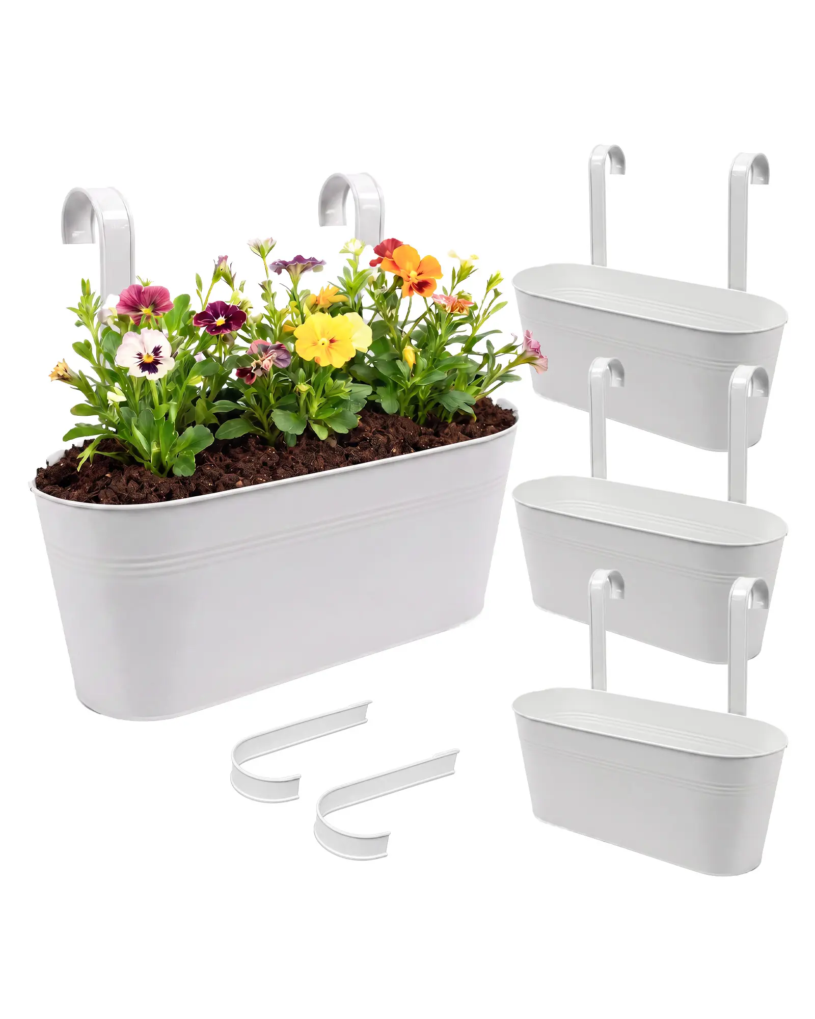 Bamworld Hanging Planter with Hooks 16 Inch Rust Resistant Metal Rectangular Planter, Hanging Flower Pot with Double Hooks, Removable Tray & Drainage Hole for Indoor Outdoor Balcony (3 Pack, White)