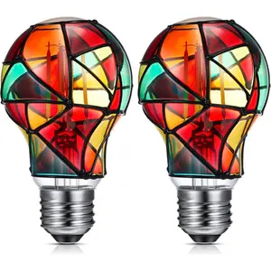 PLL 2 Pcs Stained Glass LED Light Bulb E26 Base Colorful Lightbulb 120V Flickering Lightbulb Bulbs for Christmas Xmas Home Balcony Party Decoration (A60)