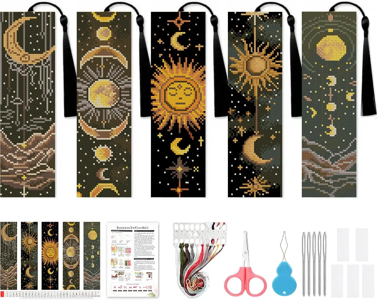 5 Pcs Pre-Printed Sun Moon Landscape Cross Stitch Bookmark Kit - 14ct Cross-Stitch Fabric (14 Squares/in), Backing Felt, Floss, Instructions for Beginners, Unique Gift for Book Lovers