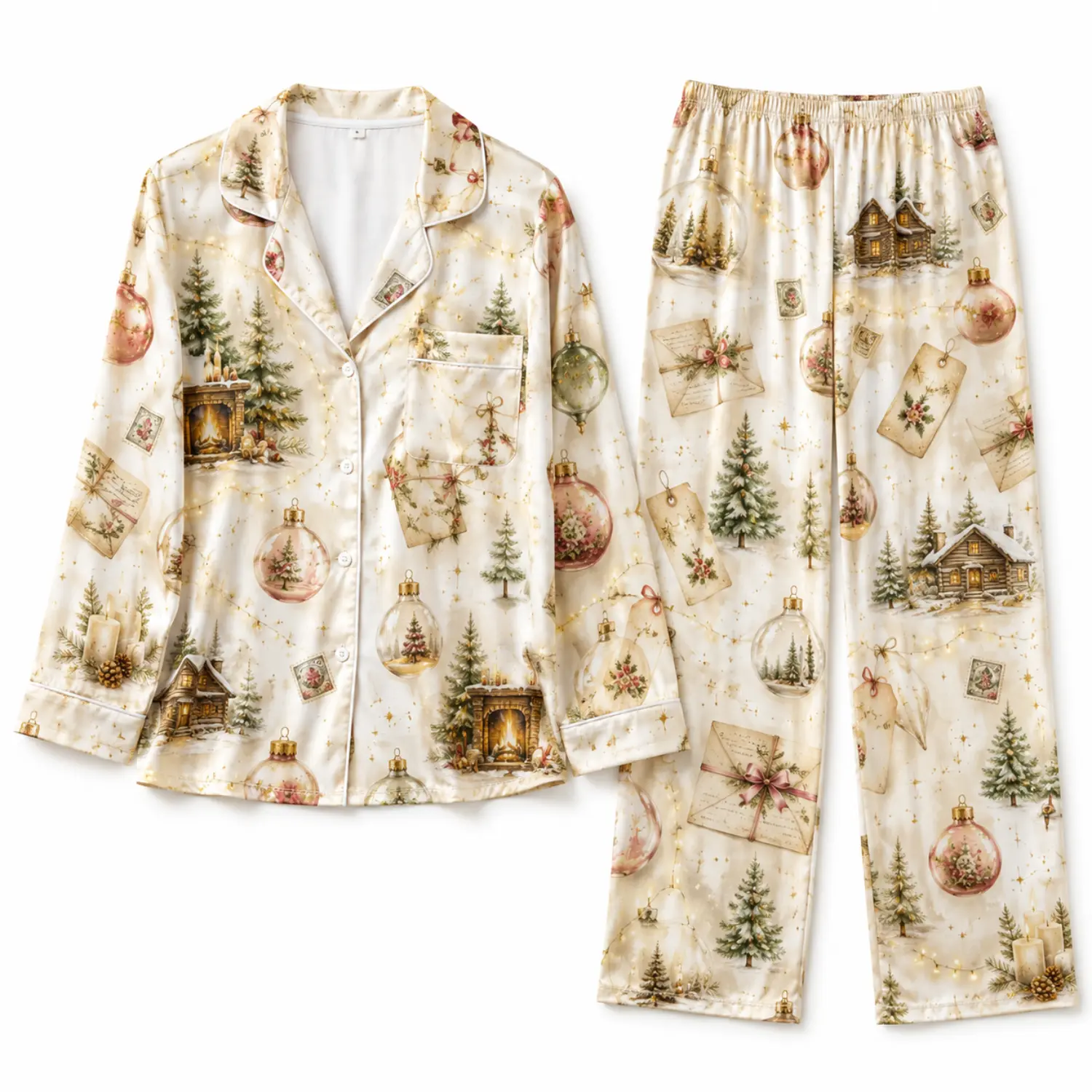 Winter Christmas Print Button Front Pajama Set with Long Sleeve Top and Pants, Cozy Holiday Sleepwear for Women