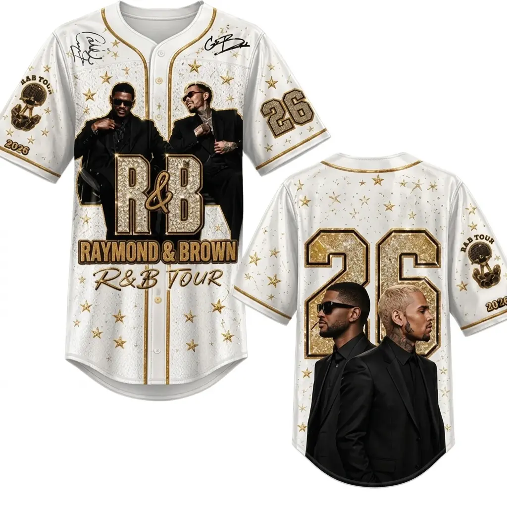 RnB Raymond Brown White Gold Baseball Jersey, Music Fan Short Sleeve Button Down Shirt, Vintage Star Graphic Hip Hop Concert Outfits Men Women