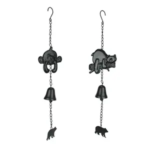 Set of 2 Black Cast Iron Bear Wind Chime Hanging Bells Outdoor Home Cabin Decor