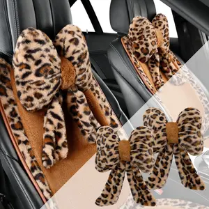 Pillow 2 count Plush Bowknot  Headrest Pillow  Comfortable  Support for Driving Soft Touch Fabric  Pillow Cute Girl-Style Interior Decor (Leopard)