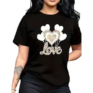 Women’s Black T-Shirt with Gold Heart & Leopard Print, Casual Round Neck Short Sleeve Top, Stretchy Medium-Fit Fabric, Stylish Everyday Tee