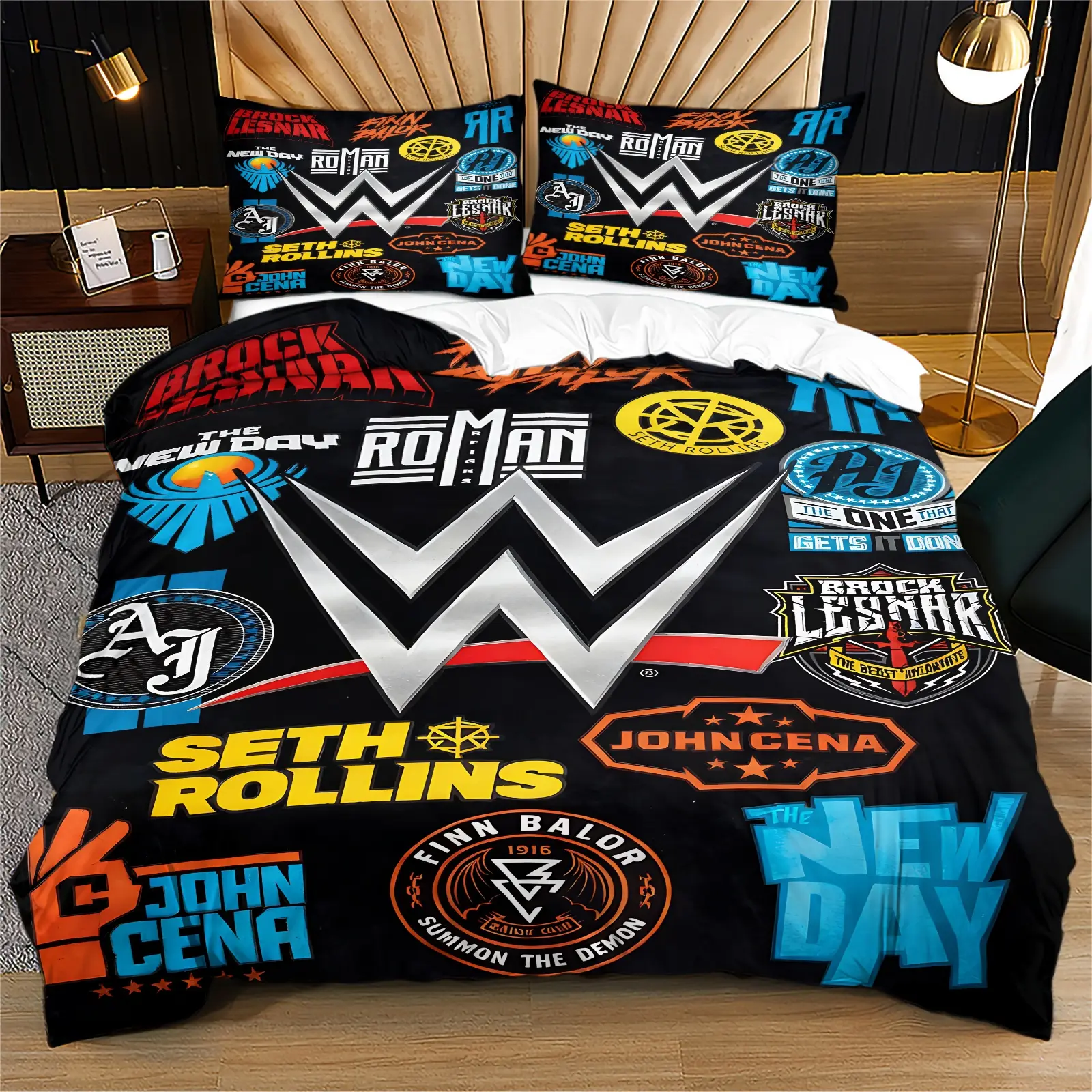 Wrestling logo trendy pattern printed bedding, cover and pillowcase set, sports fan bedroom decoration, Decorative Bedsheet Sets, Soft Bedding Sets