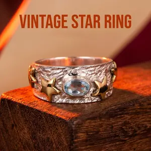 Star-shaped textured synthetic topaz ring, star-shaped textured ring, star-shaped jewelry, women's gift.