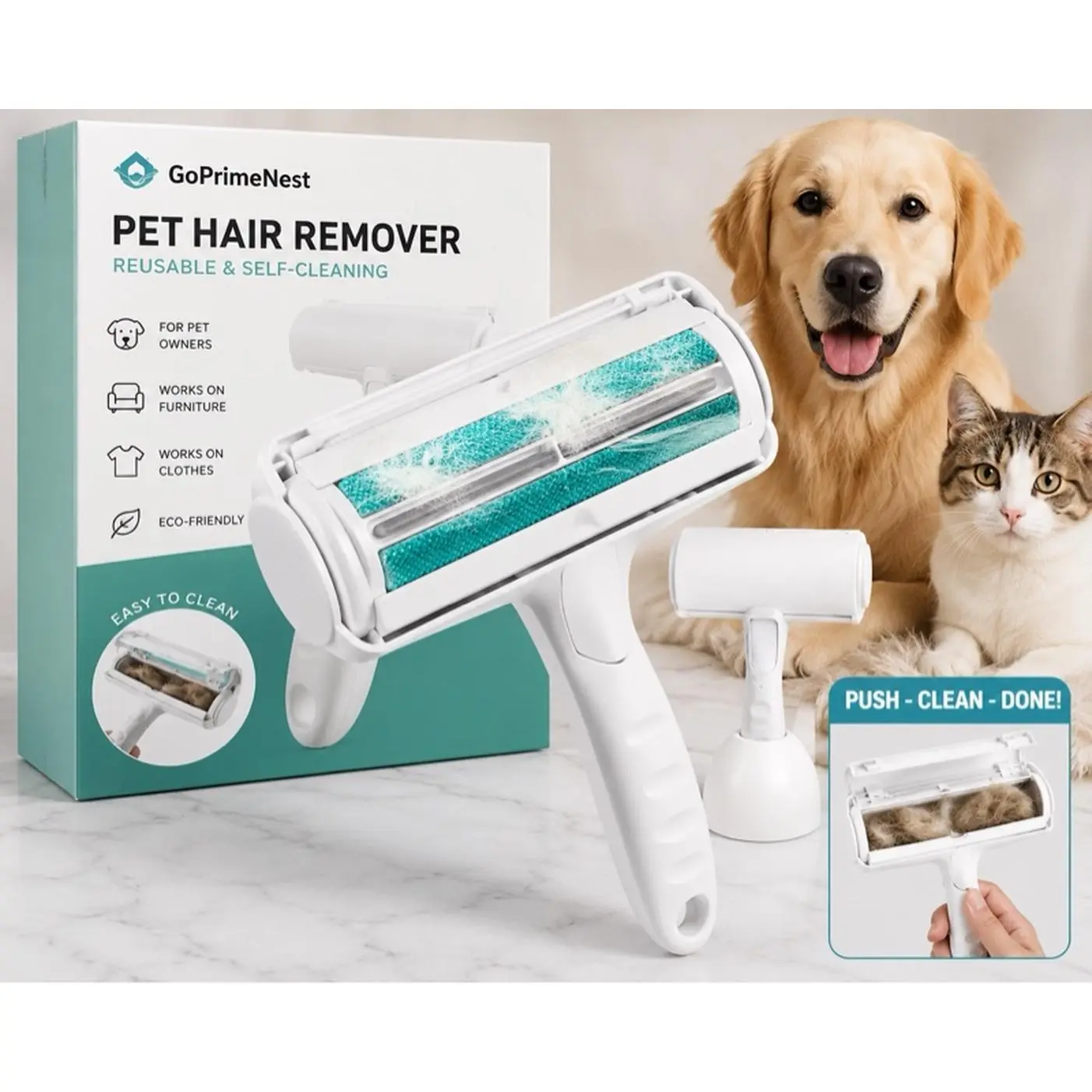 GoPrimeNest Pet Hair Remover White & Blue PP Plastic Reusable Self-Cleaning for Dogs Cats Sofa Bed Carpet Clothes Car Seats Eco-Friendly Lightweight Portable
