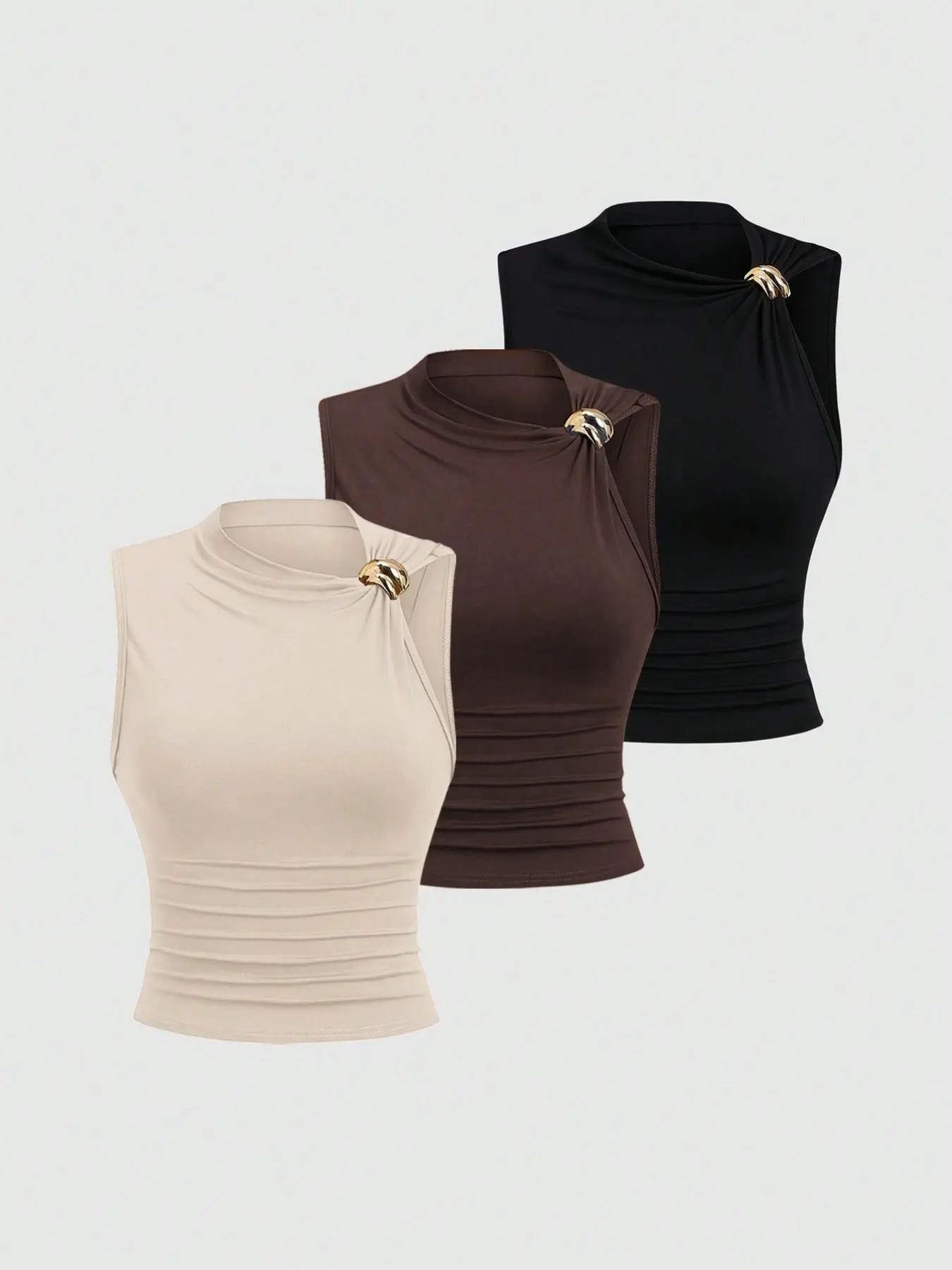Women's Fashion Casual Sleeveless Crop Top, Metal Buckle Shoulder Design, Mock Neck Bodycon Top, Versatile Stylish Sleeveless Clothing for Casual Wear