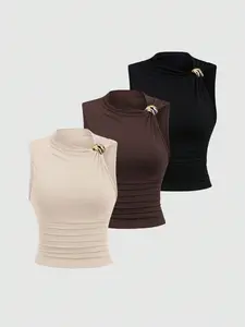 Women's Sleeveless Bodycon Top, Metal Buckle Shoulder Design, Small High Neck Fashion Versatile, Stylish Casual Wear