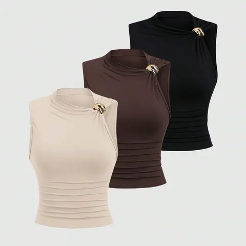 Women's Sleeveless Bodycon Top, Metal Buckle Shoulder Design, Small High Neck Fashion Versatile, Stylish Casual Wear, High Neck Tank Top