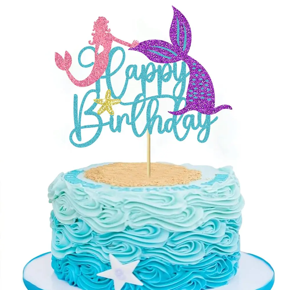 1 PCS Mermaid Design Happy Birthday Cake Topper Magical Glitter Ocean Starfish Tail Cake Decoration for Under the Sea Theme Birthday Party Supplies