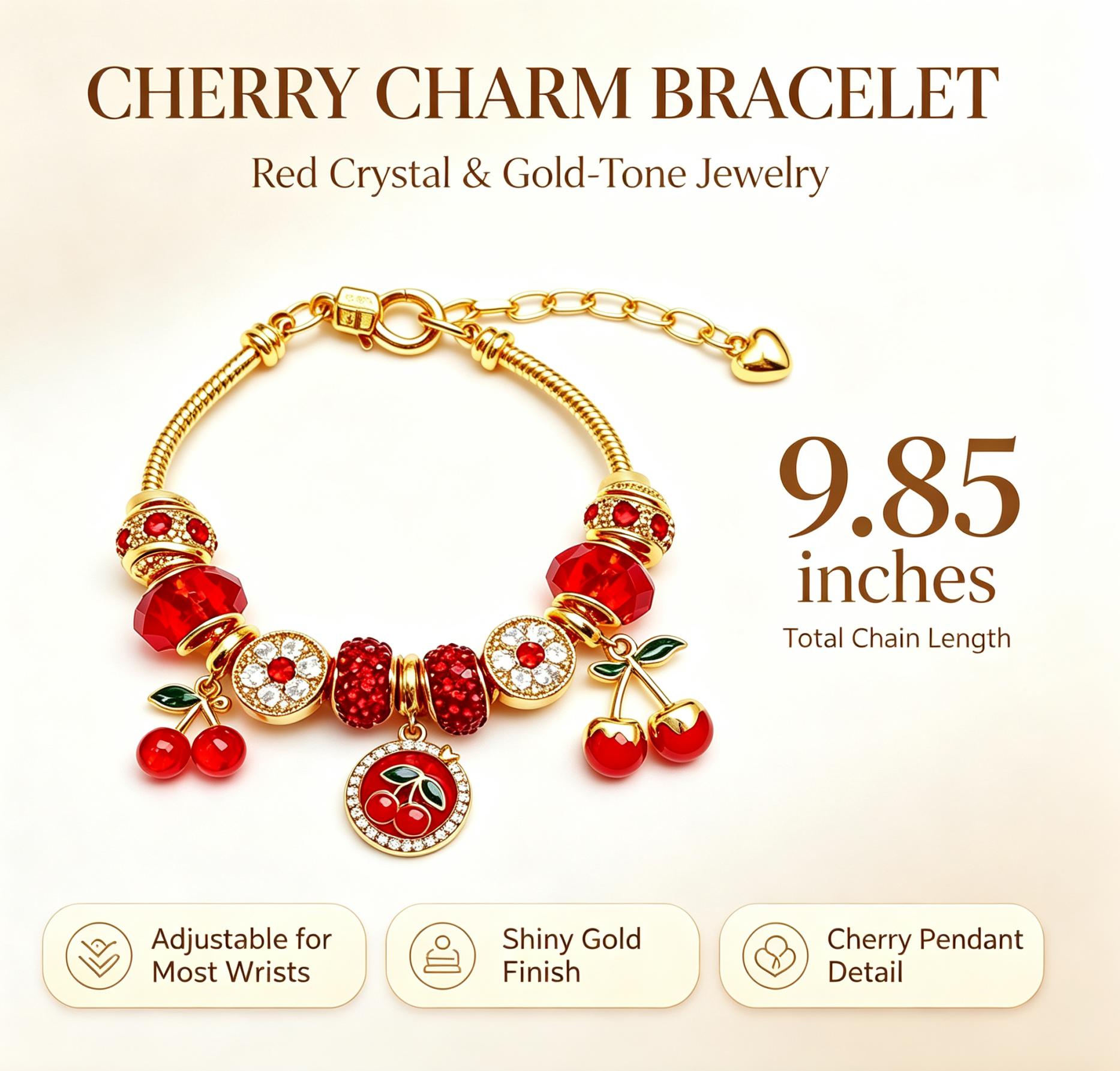 Gold Tone Cherry Charm Bracelet, Red Crystal Beaded Snake Chain Bracelet， Jewelry Gift for Women Girls