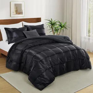 Full/ Size Satin Comforter Set Black, 3 count Soft and Lightweight Silk Bedding, All Season Fluffy Down Alternative Comforter Bed Set