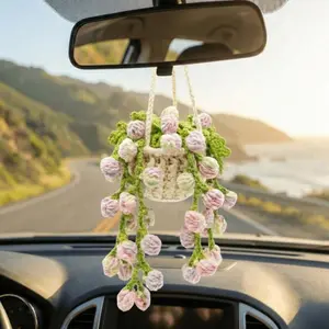 2026 New Handmade Crochet Flower Boho Potted Plant Charm, Cute Car Accessories, Rearview Mirror Decor, Car Interior Freshener Diffuser, 1PC Gift for Her (Birthday, Christmas, Mother's Day Anniversary) TikTokShop