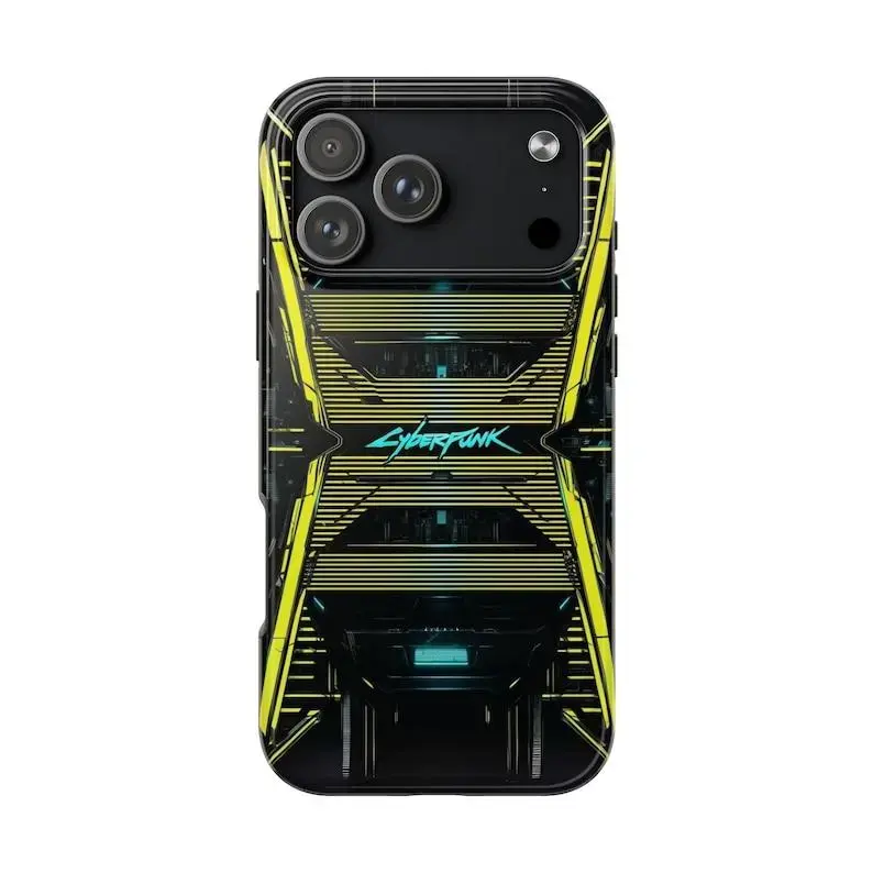Futuristic Sci Fi Neon City Cyber Punk Game Graphic Art Tough Phone Case. Edgy Cyberpunk Gamer Aesthetic Rugged Shockproof Protective Cover For iPhone 17 Pro Max 16 Air 15 14 13 12 11.