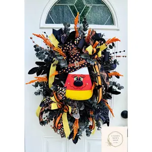 Candy Corn Witch Wreath for Front Door Whimsical Halloween Home Decor for Outdoor Porch or Indoor Office Wall Hanging Halloween Goth Party