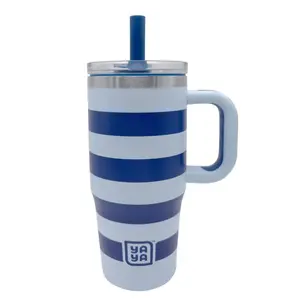 YAYA My First Travel Tumbler for Preschool & Kids 3+, Insulated Stainless Steel Tumbler with Reusable Silicone Straw & Spill-Proof Lid, Cup Holder Compatible, BPA-Free, 12oz, Blue Stripes