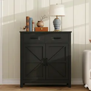 Kitchen Storage Cabinet, Coffee Bar Cabinet, Farmhouse Buffet Sideboard with with 2 Drawers and 2 Doors, Living Room, Black
