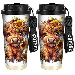 1pc 18oz 316 Stainless Steel Insulated Travel Mug, Tumbler with Lid - Highland Cow & Sunflower Design, Double-Wall Coffee Cup for Hot/Cold Drinks, Carry Strap Compatible, Ideal for Office & Outdoor Use, Thermos (Hand Wash Only)