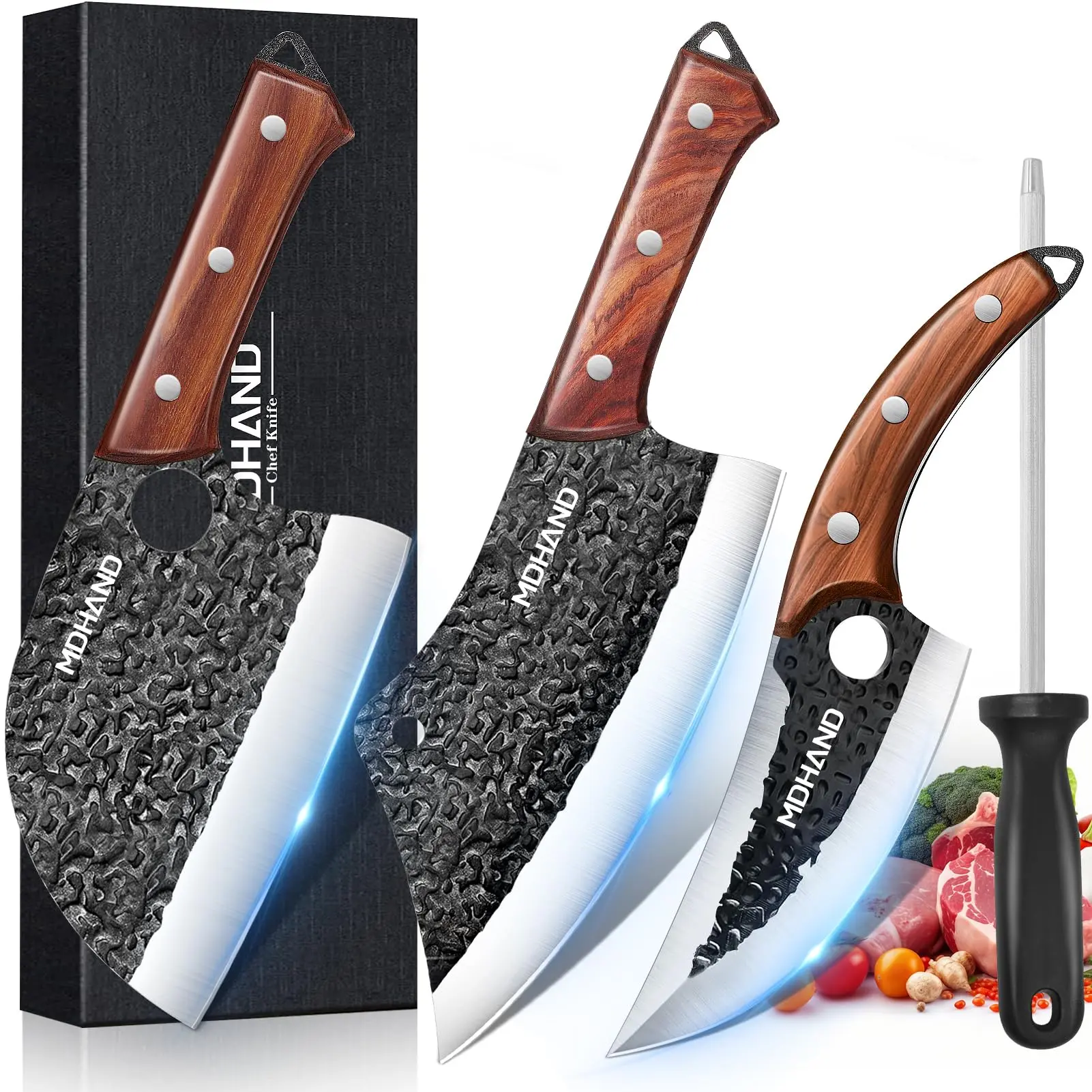 Multifunctional 4-Piece Hand-Forged Serbian Kitchenware Set - Full Handle Hammer Texture Stainless Steel Cleaver, Boning Knife, Viking Tool with Sheaths, Sharpening Steel, Gift Box for Home Meat Prep, Outdoor BBQ (Gift Ideas), Four Pieces, T