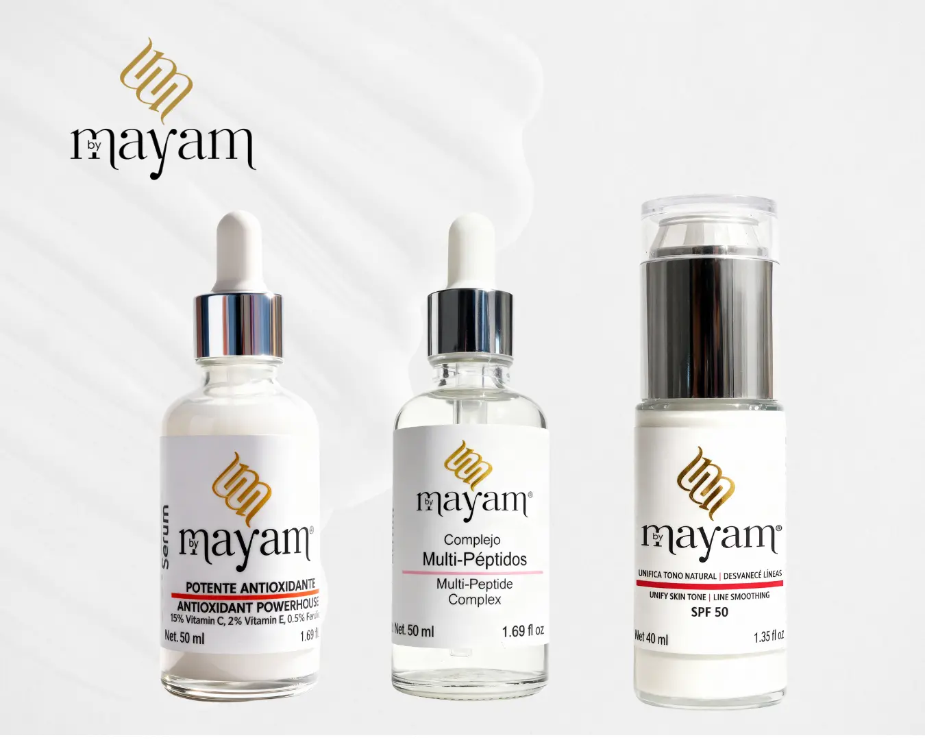Mayam Beauty Brightening Trio – LumiGlow SPF 50 Cream + C+E & Multi-Peptide Serums for Anti-Aging & Radiant Skin | Made in Mexico