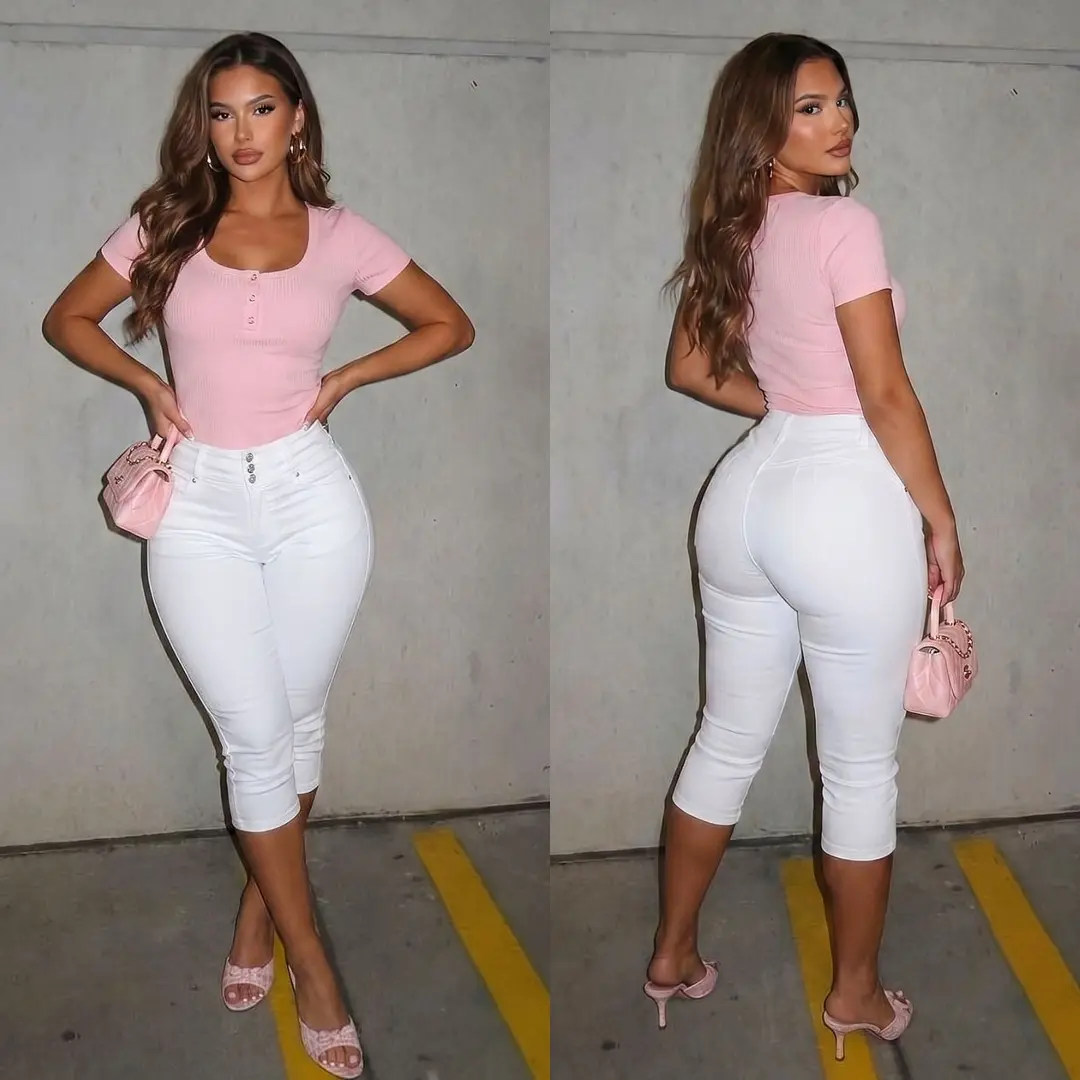 MX JEANS High Waist White Stretchy Denim Capris for Women
