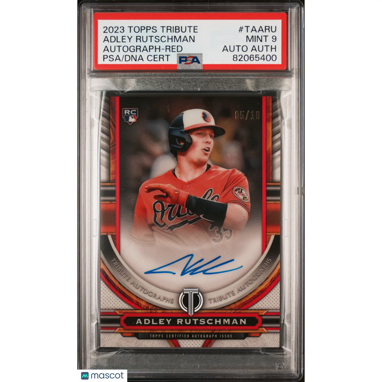 2023 Topps Tribute Tribute Autograph Adley Rutschman Red Rookie/10 PSA 9 Orioles