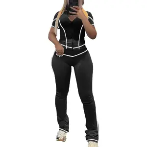 Women's 2 Piece Outfits Zipper Workout Set Short Sleeve Tracksuit Bodcyon Matching Sweat Pants Sets