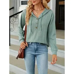 Women's V-neck Loose Long Sleeved Hooded Sweatshirt