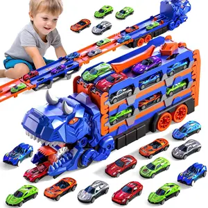 Dinosaur Transport Truck Toy Set with 10 Die-Cast Cars Launching and Transforming into Dinosaur for Boys Transforming Dinosaur Transport Truck Dual Launcher
