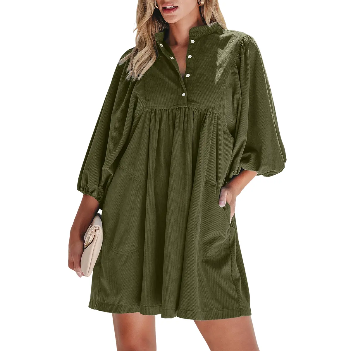 Asvivid Womens Fall Fashion Corduroy Snap Buttons Empire Waist Bracelet Sleeve Plain Dress with Puff Sleeves Casual Dresses Autumn Clothes sohochic
