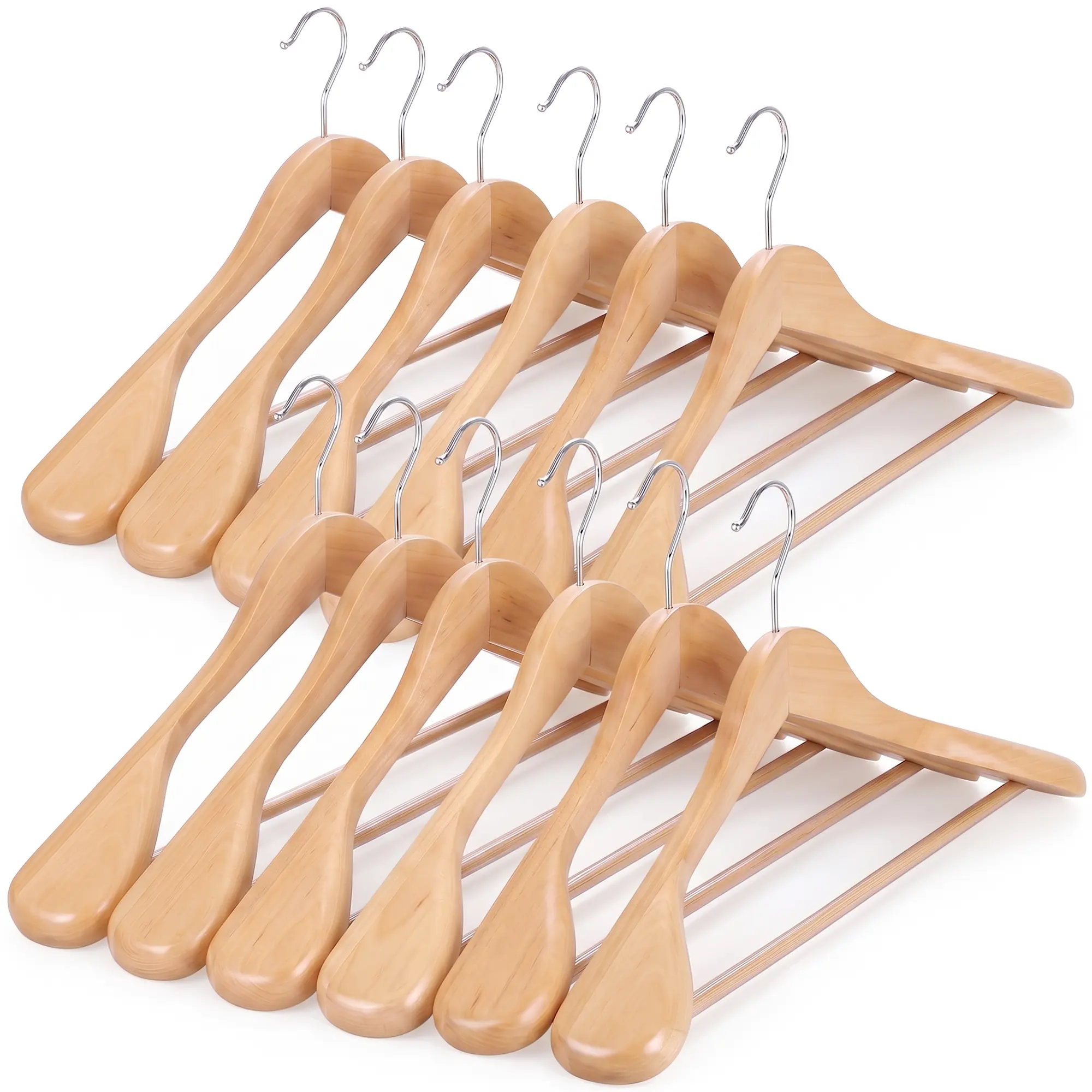 Zeny 2.2-in Extra-Wide Wooden Clothes Hangers, 24-Pack Home Organiser Set with Smooth Swivel Hook, Non-Slip Rounded Shoulders to Prevent Bumps, Hanging Solution for 10lb Loads (Natural)