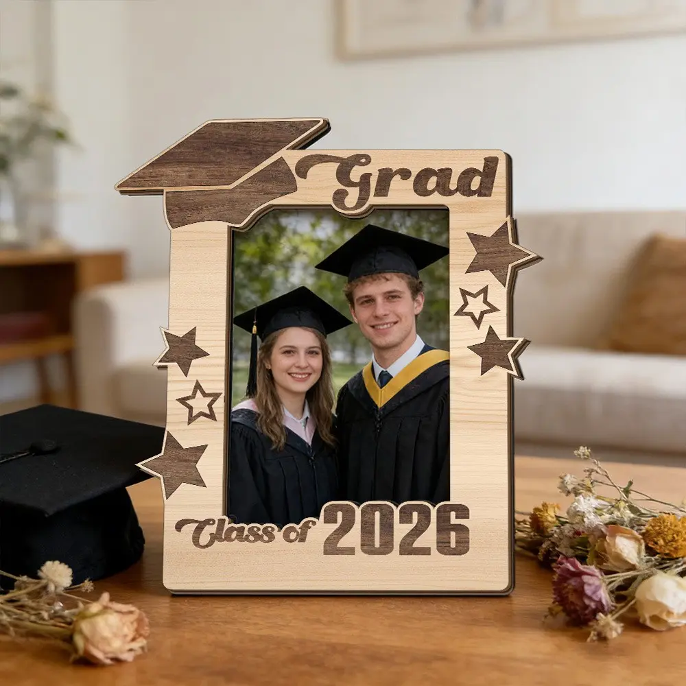2026 Graduation Wooden Frame, Natural Wood Frame, Bachelor Hat Memorial Photo Frame, Creative Desktop Decoration, 2D Wood Frame, Holiday Gift Stand Decor, Picture Frame