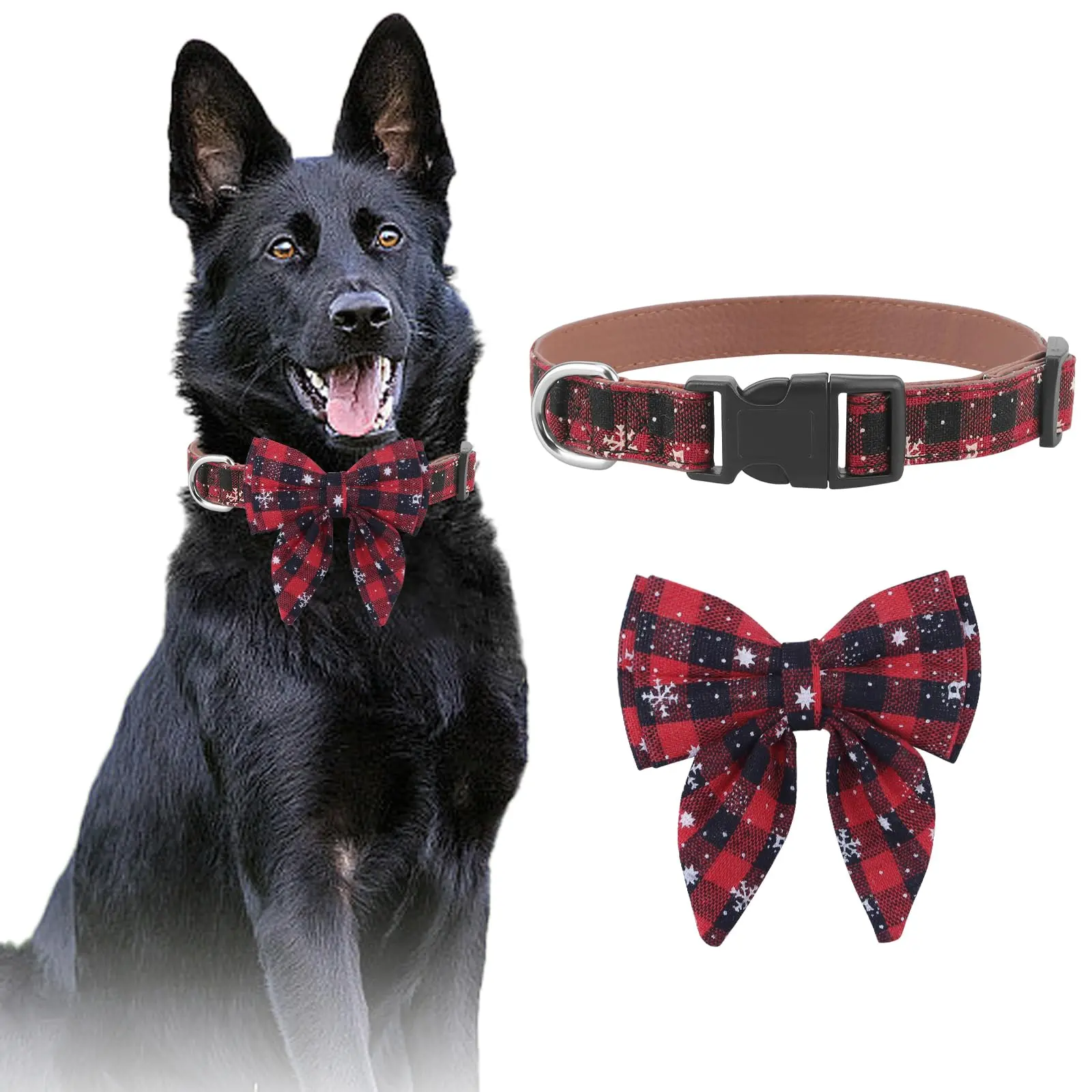 Plaid Print Dog Collar with Bow Accent - Snowflake Design, Adjustable Pet Collar for Dogs
