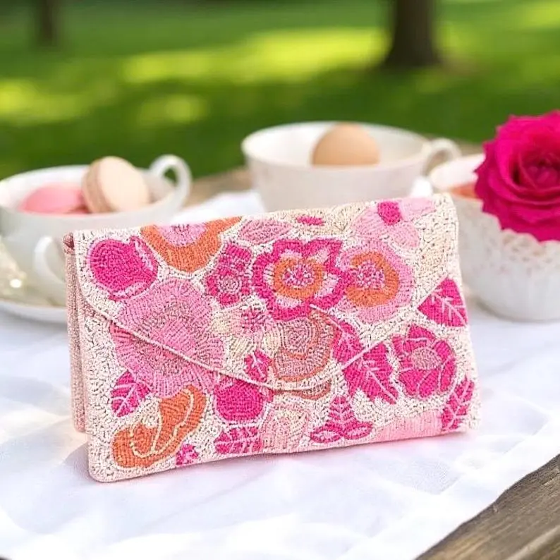 Pink Floral Beaded Clutch Bag: Summer Party Purse with Silver Chain