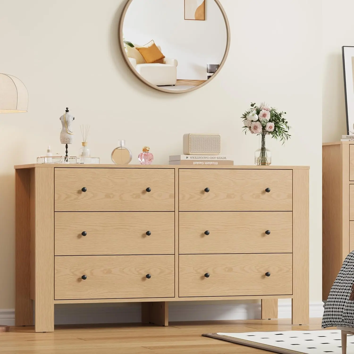Natural Oak 6-Drawer Sturdy TV Stand - Nordic Style Wood Cabinet Chest, Metal Knobs, Engineered Wood, Easy Setup, Natural Texture Storage Design Furniture, Dressers, Bedroom Dresser Makeup Vanity