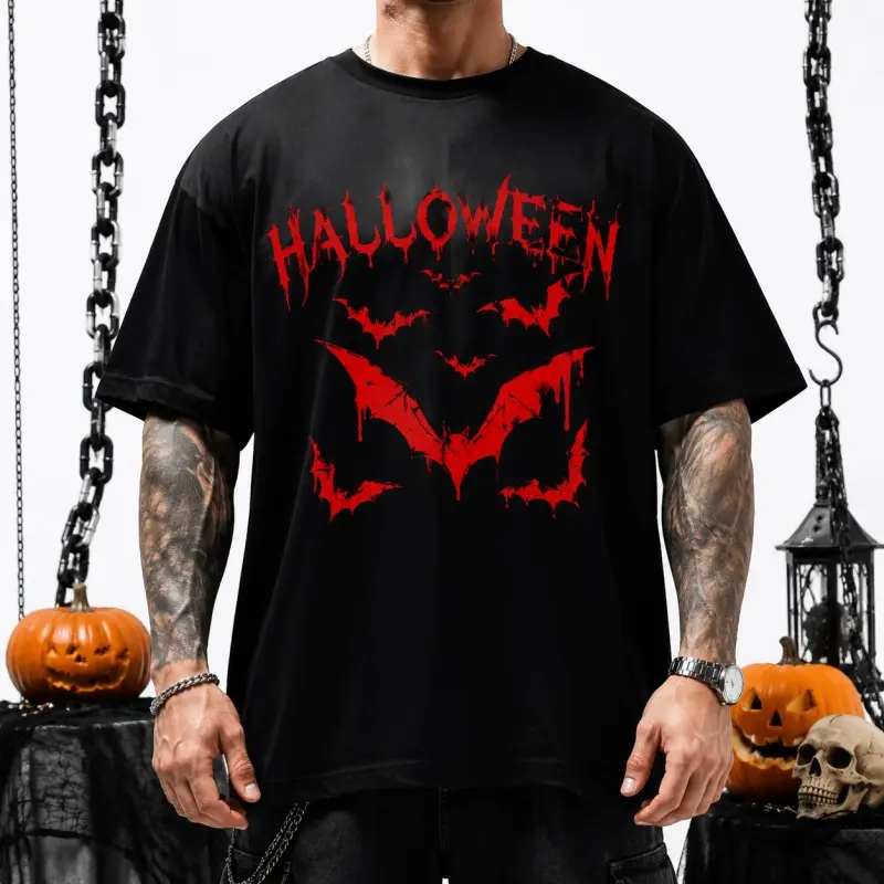 Men's Edgy Halloween Graphic Tee, Red Bat Blood Print, Dark Streetwear Top, Trendy Fall Shirt.