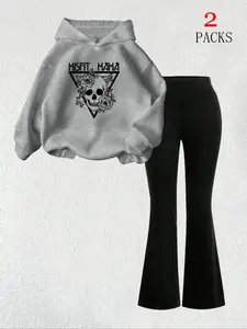 Women's Warm Sweatshirt Set + Slim Fit Flare Pants, Everyday, Casual Skull Floral Triangle Print, Loose-Fit Summer, Fashionable Kangaroo Pocket Design Outfit