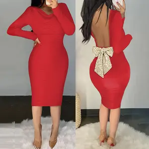 ChicMe Women's Cowl Neck Long Sleeve Ruched Bodycon Dress/Cierra Glitter Dress Sparkly Sequin Bowknot Decor Backless Midi Club Cocktail Wedding Guest Dresses Wedding Evening Formal Evening Formal