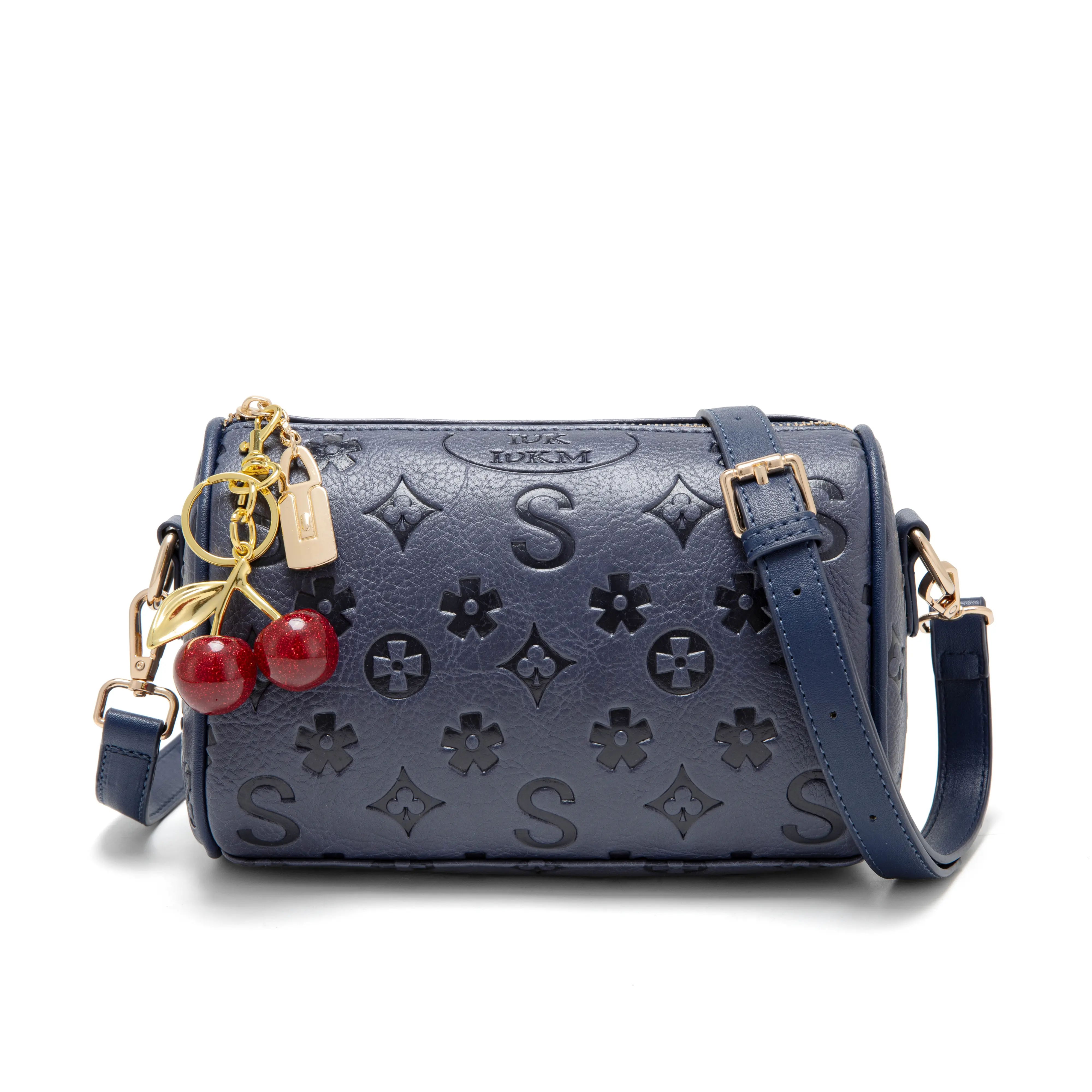 IVKMIVK Women's Vintage Embossed Cylinder Crossbody Bag - Mini Barrel Handbag with Cherry Charm, Adjustable Strap, Zipper, Elegant Commuter Bag, Fashionable Crossbody Clutch Purse for Casual Daily Use, Fashionable Crossbody Bag
