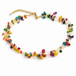 Multicolor Beaded Layered Necklace with Multi-strand Design Colorful Bead Accents Lightweight Comfortable Gold-tone Chain Adjustable Extender