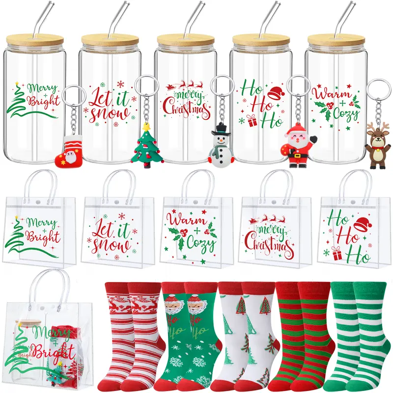 20Pcs Christmas Gift Set Include Christmas Cups with Lids & Straws, Christmas Socks, Clear Gift Bags, Bulk Christmas Gifts for Coworkers, Employees, Teachers, Friends & Family, Holiday Gift Ideas, Xmas Party Favors