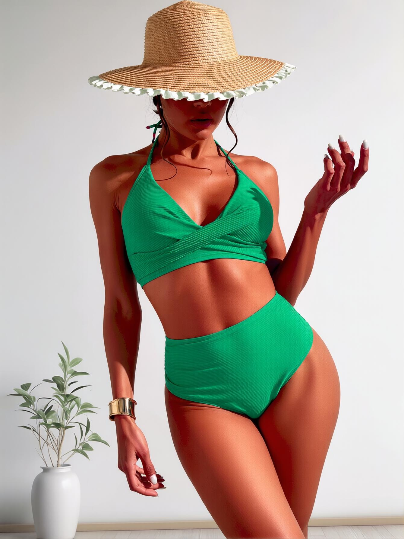 Emerald Green Textured Twist Front Halter High Waist Bikini Set – Tummy Control Sexy Backless Swimwear