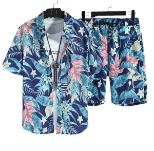 Floral Tropical Hawaiian Matching Set Navy Teal Pink Plumeria Leaf Print Men Women Two Piece Aloha Shirt Board Shorts Loose Summer Beach Party Sunbathing Vacation Holiday Gift