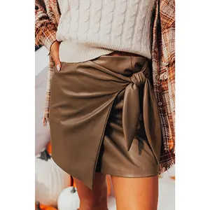 Coffee Bowknot Faux Leather Mini Skirt