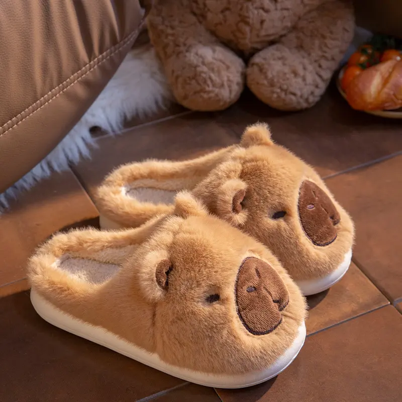 Cotton Slippers for Women Autumn Winter Thick Soled Outdoor Warm Indoor Home Use with Toe Caps Soft Fuzzy Design Brown Flipflop Shoe for Girl Parent Kitchen
