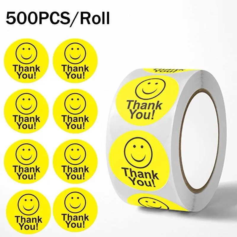 Yellow Smile Face Stickers 500PCS/Roll Thank You Stickers for Phone Case Notebook Bottle DIY Decoration Goodie Bag Cover Cellphone Smartphone Protector
